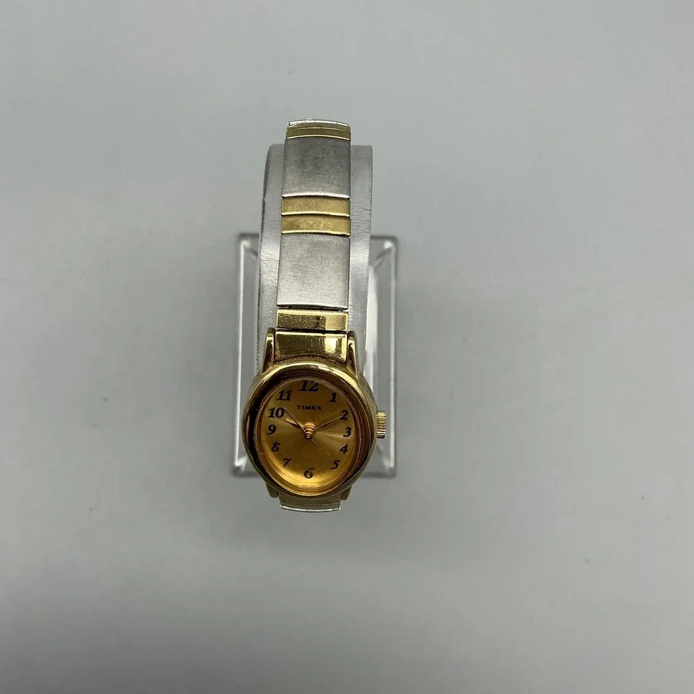 Timex Womens Watch 18mm Champagne Dial Two Tone Gold Silver Stretch New Battery